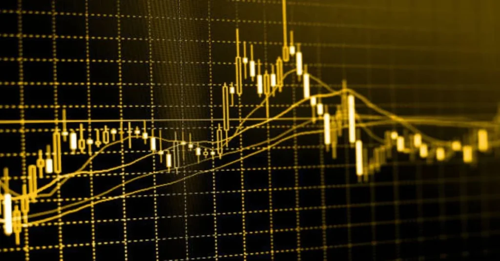 Gold price market trend chart with financial candlesticks showing investment growth data.