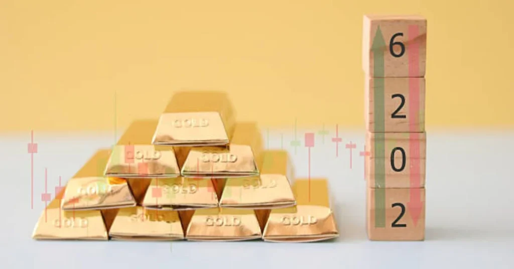 Gold bars stacked next to 2026 year markers representing precious metals price performance and market trends.