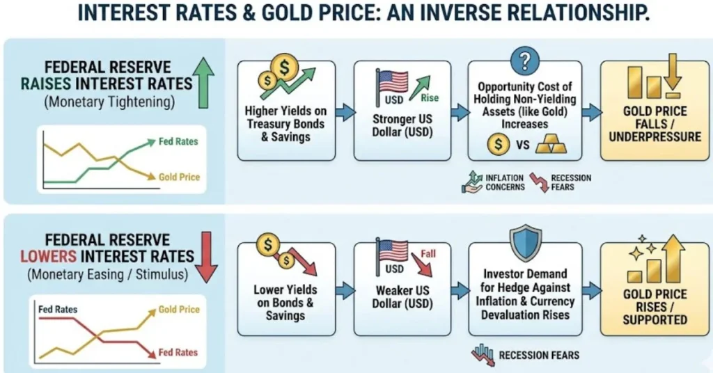 Infographic showing the inverse relationship between Federal Reserve interest rates and gold prices.