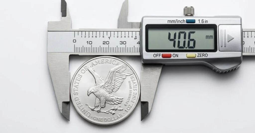 Measuring coin with caliper